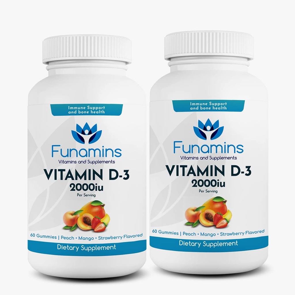 Witamina D3 Gumiaki, 2- Pack, 60 Count Each, 2000iu per Serving, Wspiera system immunologiczny i zdrowie kości; dla dzieci i dorosłych; brzoskwinia, mango, aromaty truskawkowe