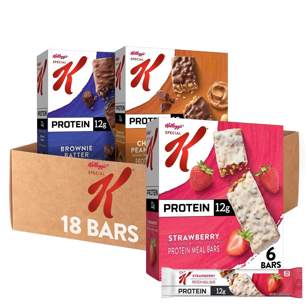 Specjalne K Bar Protein Meal Bars, Meal Replacement, Luzem Protein przekąski, Variety Pack (3 Pudełka, 18 Count)