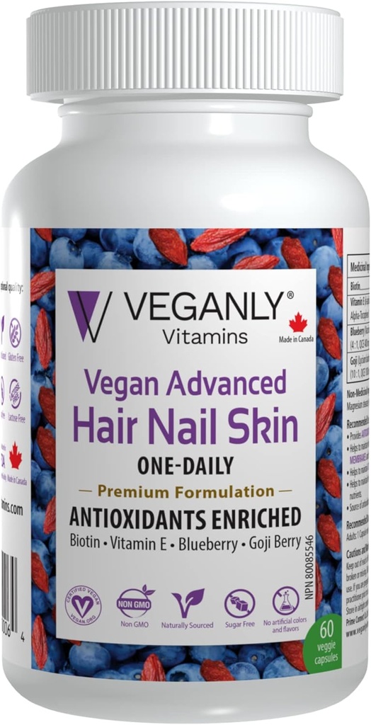Wegańskie Zaawansowane Nail Skin One- Daily, 60 Veggie Czapki -Przeciwutleniacz Wzbogacony. Poprawa włosów, poprawa zdrowia skóry i paznokci - roślina na bazie biotyny i naturalnej Superfood