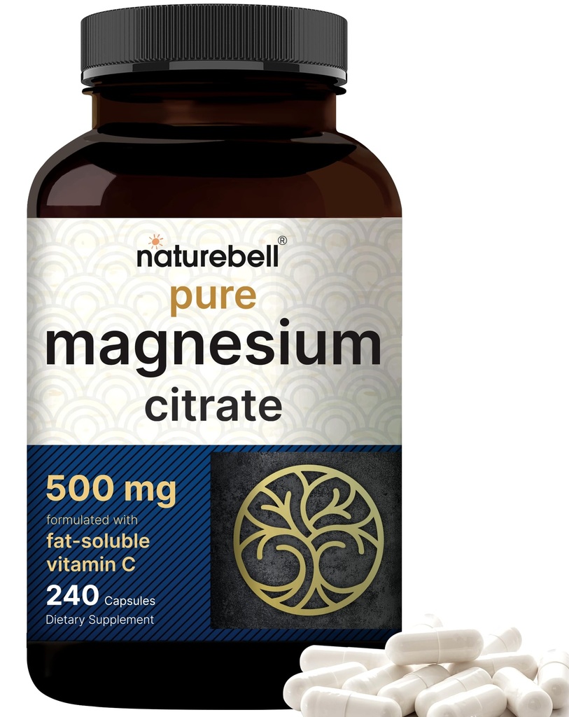 NatureBell Magnezu Cytrynian 500mg, 240 Kapsułki 124; WysokoCzystość Forma elementarna 124; Serce, Mięśnie i Przeżywanie Wsparcie 124; Non-GMO, Gluten- Free
