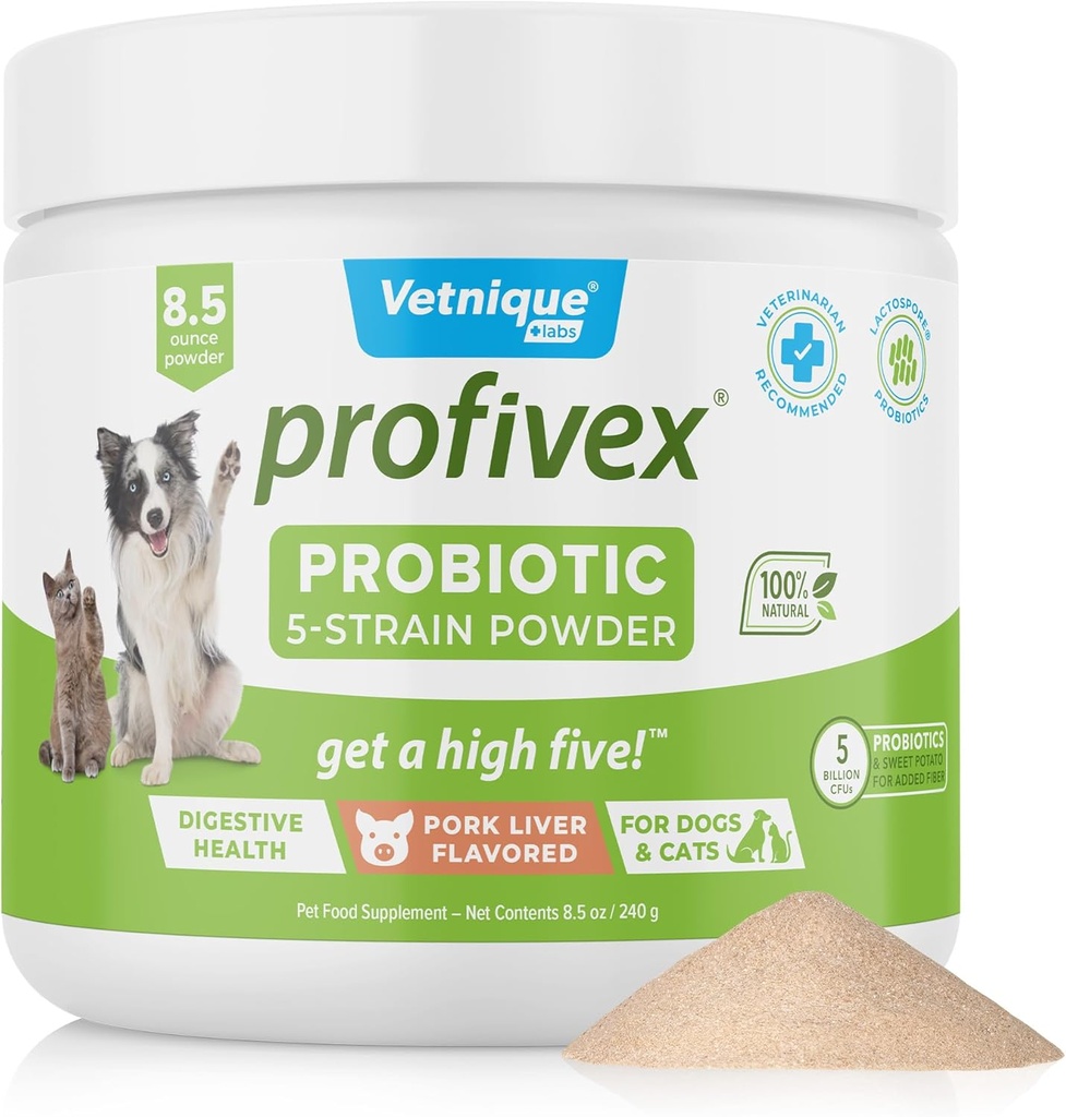 Vetnique Labs Profivex Probiotyki dla psów Wszystkie naturalne gryzaki psów i proszek do spożywania zdrowia Probiotyczne suplementy dla psów 5 Szczepów Probiotyki i Prebiotyki (Proszek, 8.5oz)