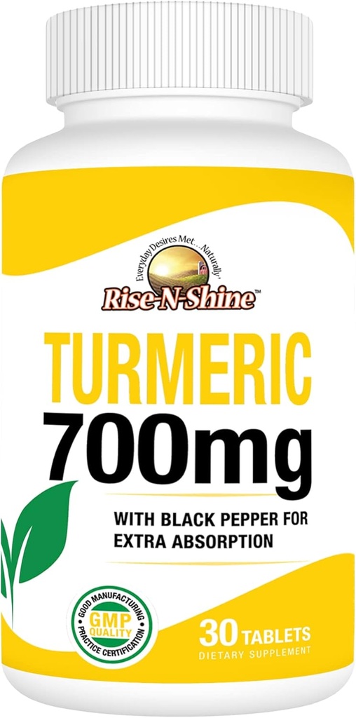 Rise- N- Shine 700 mg kurkuminy turmerowej z czarnym pieprzem - Ziołowe suplementy do skóry i wspólnego wsparcia - 30- Day Supply