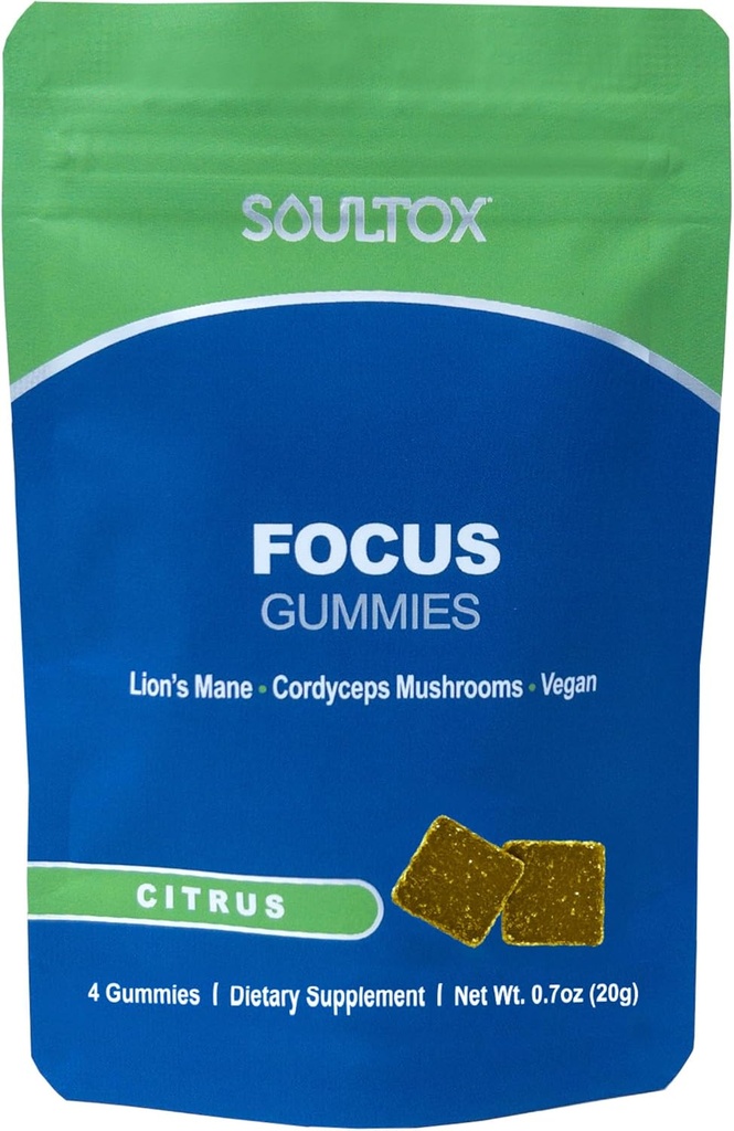 Soultox Focus Lion's Mane Gummies - Citrus Flavor - Vegan Formulation with Organic Lions Mane and Cordyceps - Enhance Memory, Focus and Energy - Citrus Flavor - Single Pack