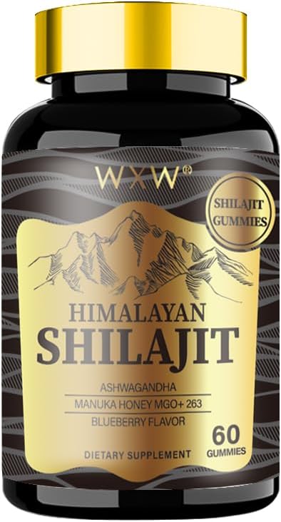 WXW Himalayan Shilajit Gummies, 60 Hrabia, Blueberry Flavor, Wsparcie po treningu Odzyskiwania, System immunologiczny, trawienie, umysł i pamięć, Zdrowe serce, Kognitywne właściwości (1 butelka, Złoty Shilajit)