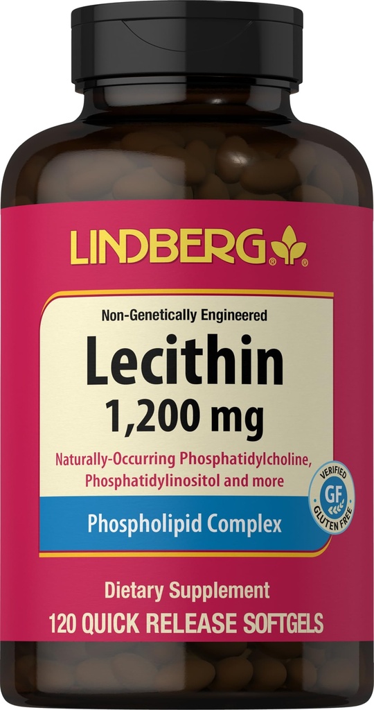 Lindberg Lecithin 1200mg Supplement Agregat 124; dla mężczyzn i kobiet Agregat 124; 120 Kapsułek Softgel Agregat 124; Kompleks fosfolipidów Agregat 124; Non-GMO, Gluten Free