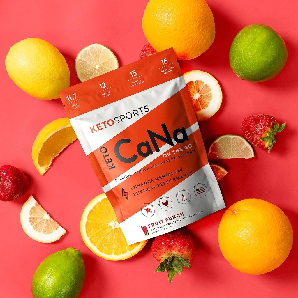 KetoSports New KetoCaNa GO (Fruit Punch) Single Serve Ketone suplement diety dla sprawności fizycznej i psychicznej, Keto i Paleo- Friendly, Naturalnie słodzone i pachnące 16 Pakiety stick