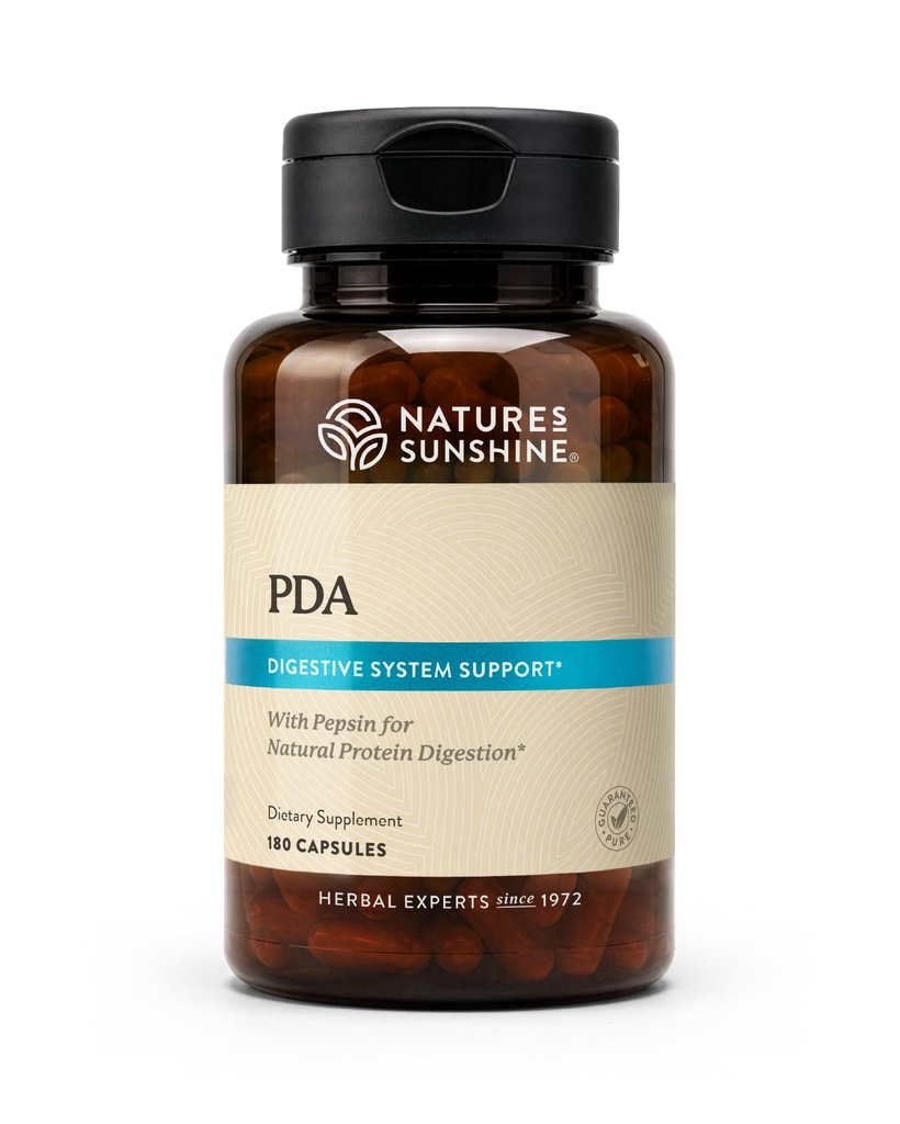 Nature 's Sunshine PDA Combination, 180 Kapsułki 124; Kwas solny i suplement pepsyny, który pomaga złamać białka w trakcji pokarmowej