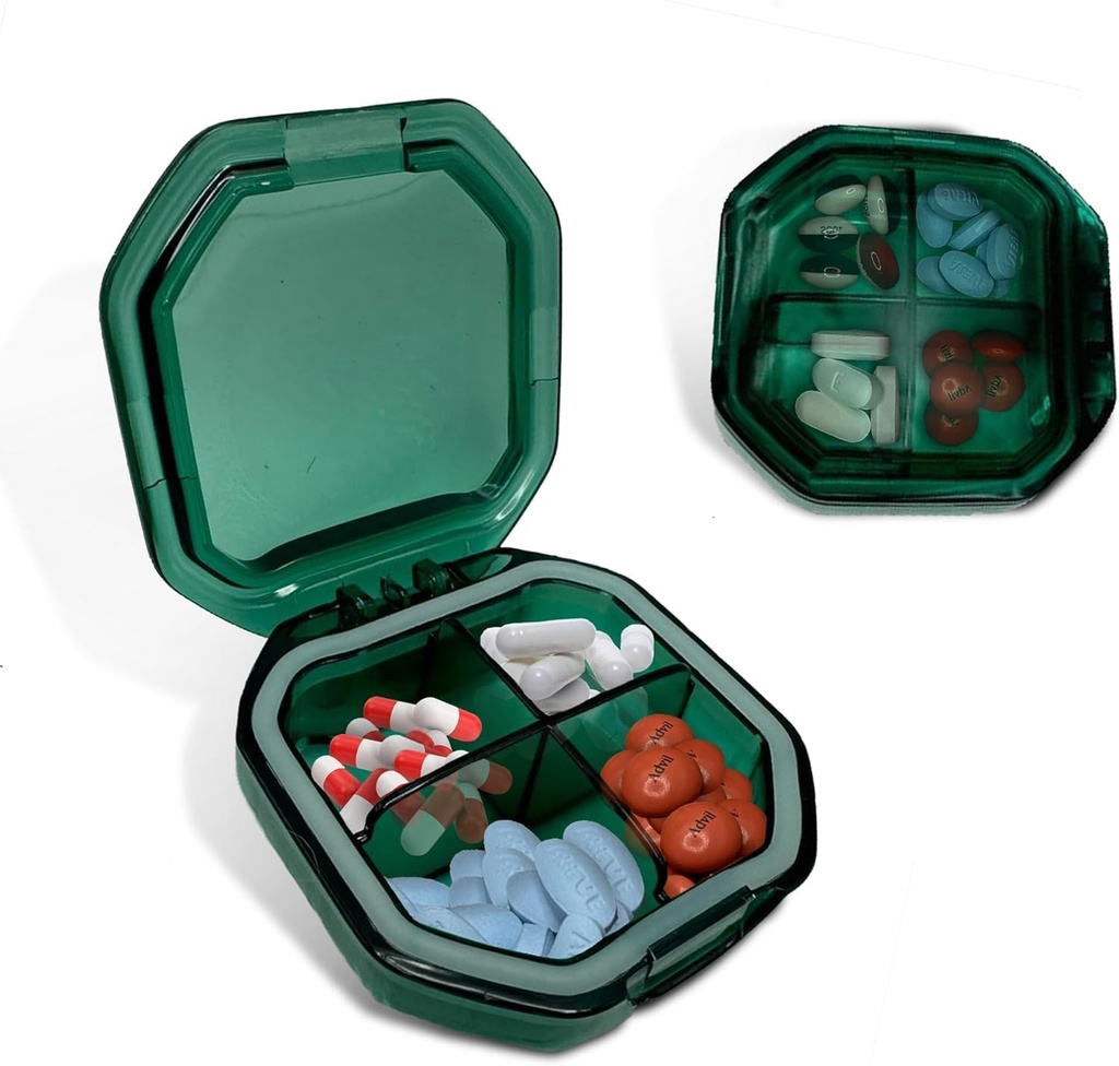 Travel Pill Organizator - Trwały, wodoszczelny Pill Case Travel Rozmiar z 4 Komory - Compact Pill Travel Case for Vitamin, Suplementy, Medycyna - Travel Pill Container for Purse (Zielony)