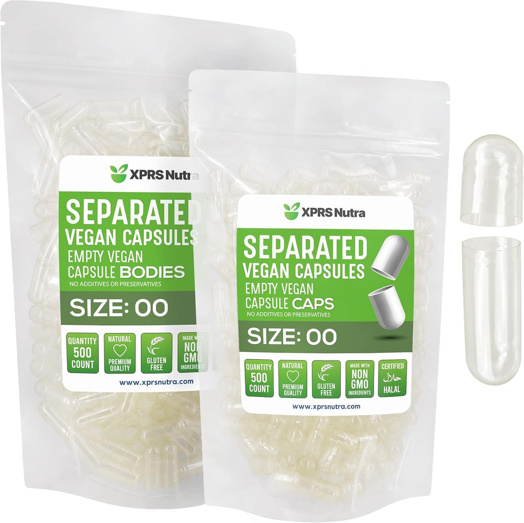 XPRS Nutra Vegan Rozmiar 00 Kapsułki oddzielone - 500 Hrabia Premium Puste kapsułki oddzielone w workach - 00 Pigułki Puste do napełniania suplementu DIY