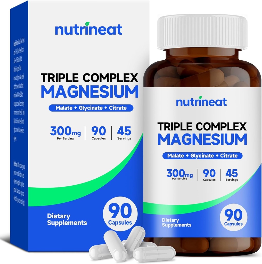 Triple Magnezu Complex (90 Kapsułek), 300 mg Magnezu Glicynian, Cytrynian i jabłczan dla mięśni, Nerwy, & Energia, Wysoka Absorpcja, Wegan, Non- GMO