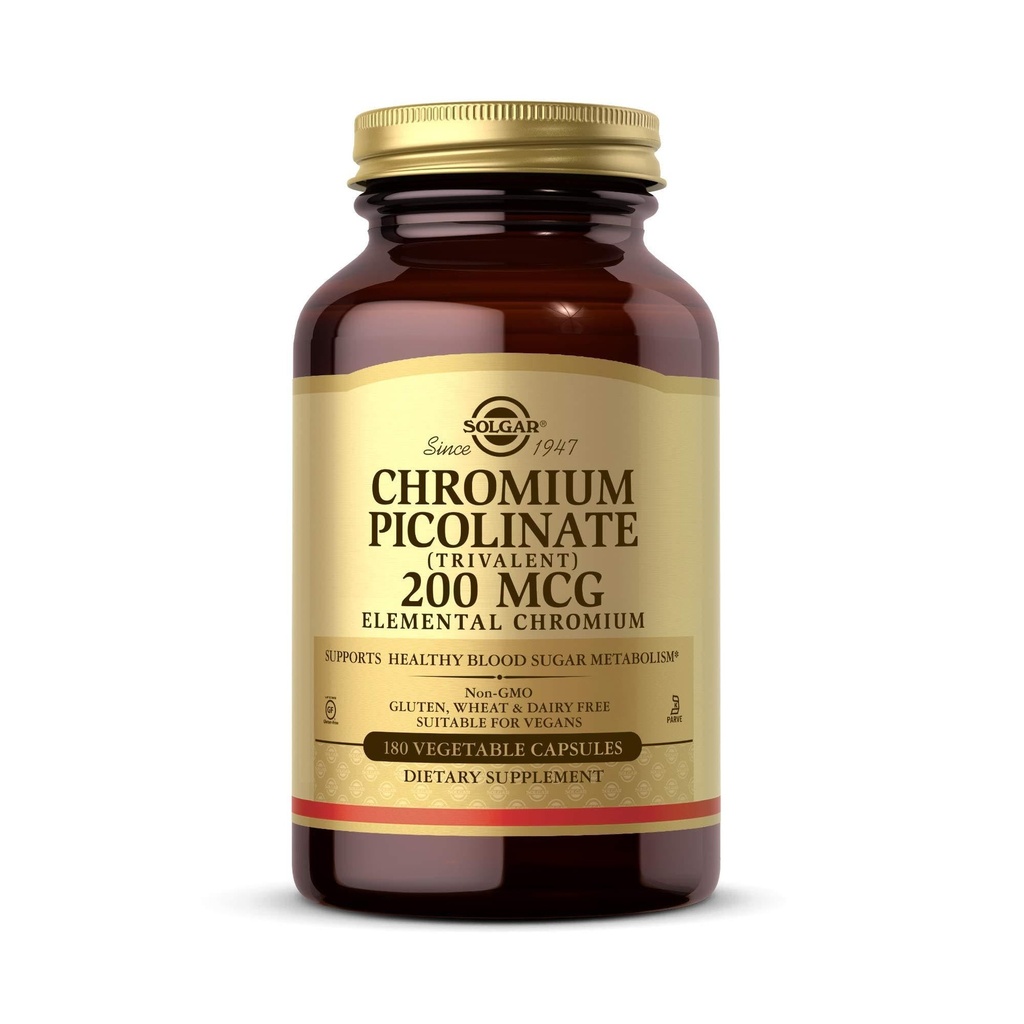 Solgar Chrom Pikolinate 200 µg, 180 Kapsułki roślinne - Wspiera zdrowy metabolizm cukru krwi - Non-GMO, Wegan, Gluten Free, Nabiału Free, Kosher - 180 Służenie