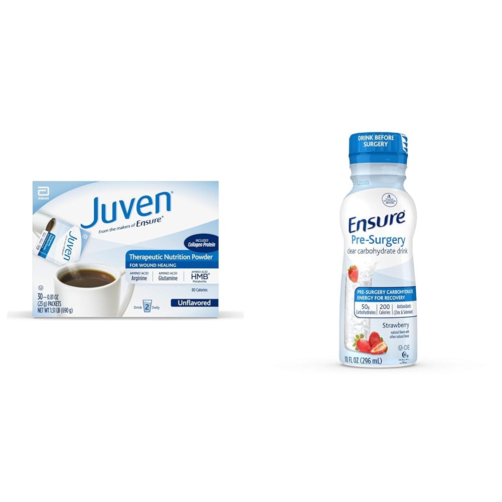 Juven Teratio Nutrition Drink proszek do wspomagania gojenia rany, zawiera białko kolagenowe, Unflavored, 30 Count & Sue Pre- Chirurgia, Przezroczysty napój węglowodanowy, Truskawka, 10 Fl Oz (Opakowanie 4)