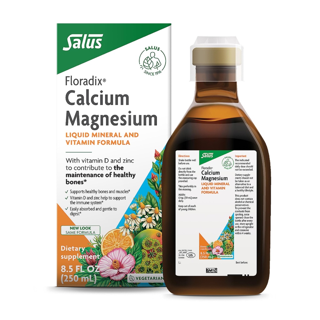 Floradix Wapnia Magnezu ciecz Mineral & Witamina Formuła - Supplement Bone Supplement with Wapń, Magnez, Witamina D & Cynk - Vegetarian & Non-GMO - 8.5 fl oz