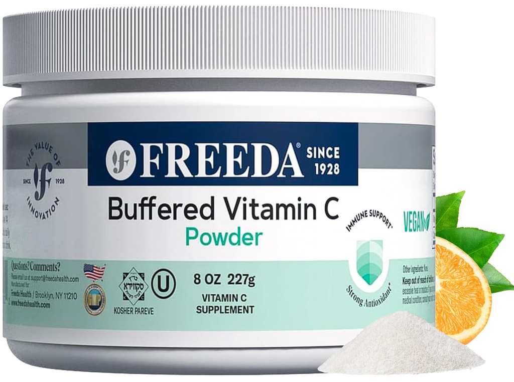 FREEDA Buforowany witamina C Proszek (Askorbinian wapnia) - Non-Acidic, Przyjazna do jamy ustnej Witamina C dla wrażliwych osób - Wegan, Kosher, Bezcukrowe wsparcie immunologiczne - 8 oz