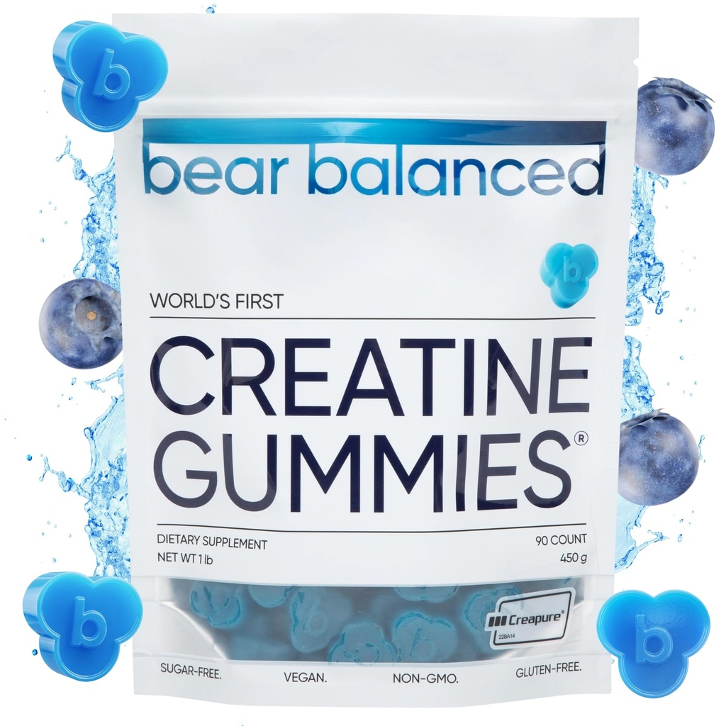Bear Balanced Gummies dla mężczyzn i kobiet - Krepura ® Monohydrat kreatury, L- Theanine, L- Tyrozyna & B12 dla wzrostu mięśni, Siła, Skup, Energia & Zdrowie - Niskie Calorie, Cukier wolny, & Wegan