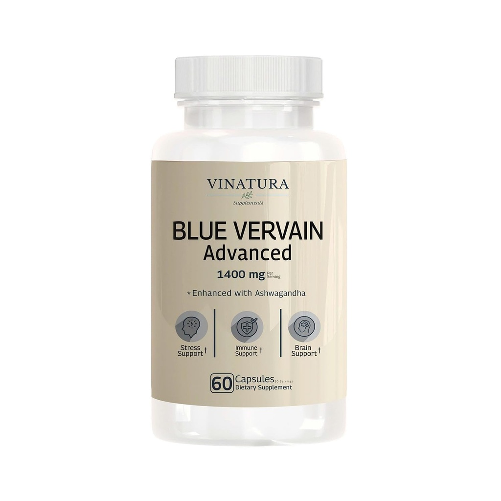 VINATURA Blue Vervain Zaawansowane z Ashwagandha - 1400mg na serv, Blue Vervain kapsułki, Blue Vervain Tea Alternative, Zdrowie mózgu, Stress Relief, Ashwagandha Suplementy - 60 Kapsułki