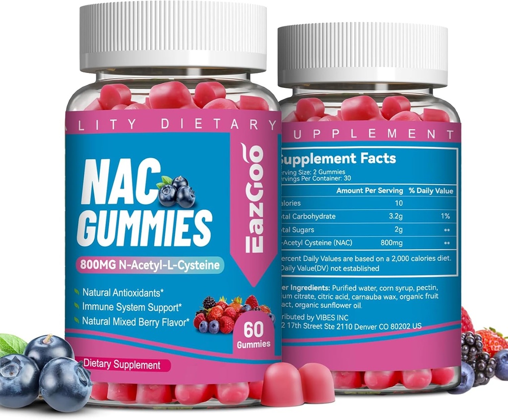 NAC Gummies 800mg, N- Acetyl Cysteine Supplement, NAC Supplement for Immune System & Antioksydant, Non-GMO, Gluten Free, Wegan - 120 Counts