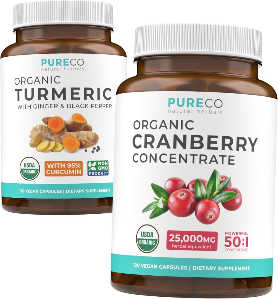 Koncentrat turmeryczny i żurawinowy (4-Miesiące Zaopatrzenia) Kurkumina Żurawinowa Kukurydza Organiczna Kurkumina Turmerowa z czarnym pieprzem i imbirem (120 Czapki) i Organiczny Koncentrat Żurawinowy 50: 1 Ekstrakt (120 Czapki)