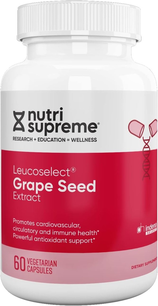 Nutri Supreme Grapeseed Extract Leucoselect, Polifenole do Super Wsparcia przeciwutleniacza, Zdrowie układu krążenia, Kosher Certified 60 Kapsułki