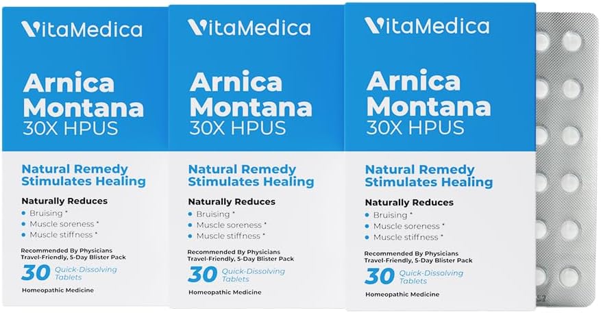 VitaMedica Arnica Montana Blister Pack 30X Tabletki na ból i obrzęk siniaków 124; Formuła roślinna 124; Zalecane przez chirurgów plastycznych 124; Natural Recovery Surgery Or Raury 124; 3 Opakowania 124; 45 Służenie