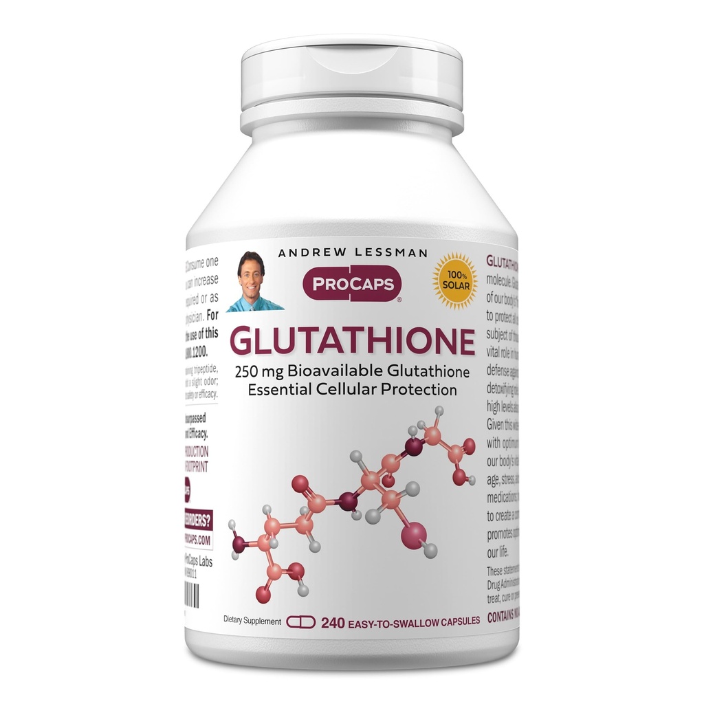 ANDREW LESSMAN Glutatione 250 mg - 240 kapsułki - potężny przeciwutleniacz, zmniejsza stres oksydacyjny. Bioavailable, Protects Cells, Tissues, Orgaans. Pomaga w leczeniu immunologicznym. Kapsułki.