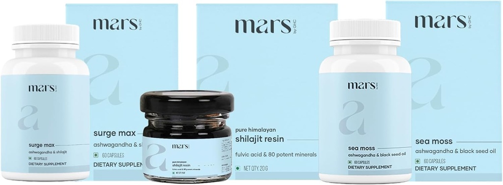 Mars by GHC Performance Plus Combo Xion124; Surge Max Caps, Pure Himalayan Shilajit Resin, Black Seed & Natural Sea Moss Capsules Xion124; Supports Energy, Stamina & Ogólnie Well- Being Xion124; Opakowanie z 1
