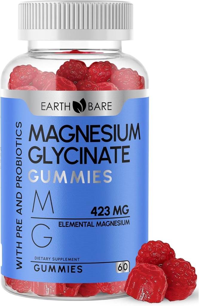 Glucynian magnezu Gummies - suplement magnezu o dużej mocy o maksymalnej mocy 423 mg magnezu pierwiastkowego, Pre i Probiotyki 124; Bisglicynian magnezu do Superior Health Support 124; 60