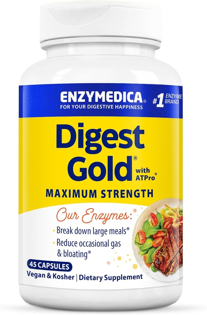 Enzymedica Digest Gold + ATPro, Formuła enzymu enzymatycznego o maksymalnej mocy, Zapobiega wzdęciu i gazie, 14 Kluczowe enzymy w tym amylaza, Protaza, Lipaza i Lactaza, 45 Kapsułki (FFP)