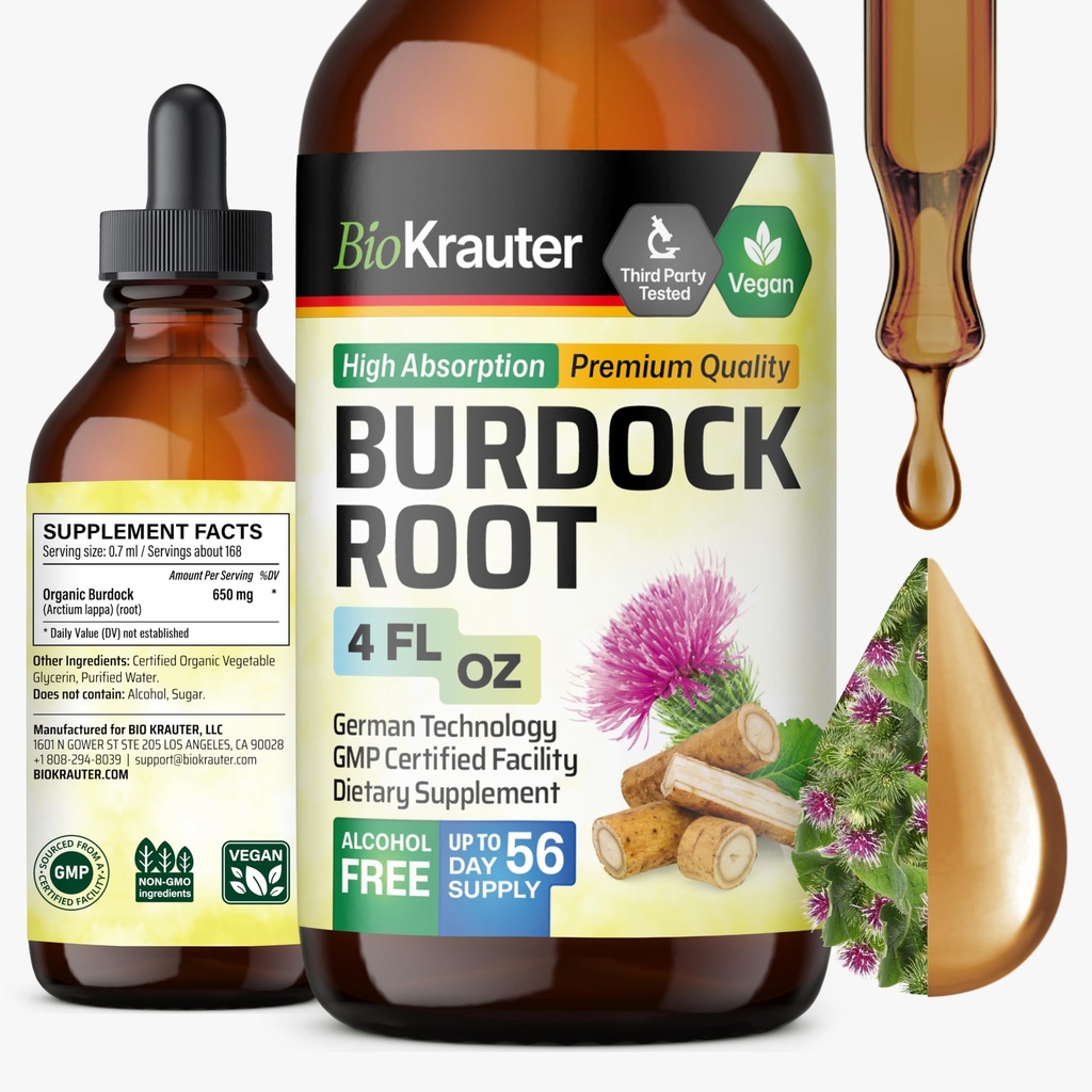 BIO KRAUTER Burdock Root Tincture - Antyoksydant Support Liquid Supplement - Burdock Root Extract - Alkohol i cukier wolny - Vegan Drops 4 Fl.Oz.