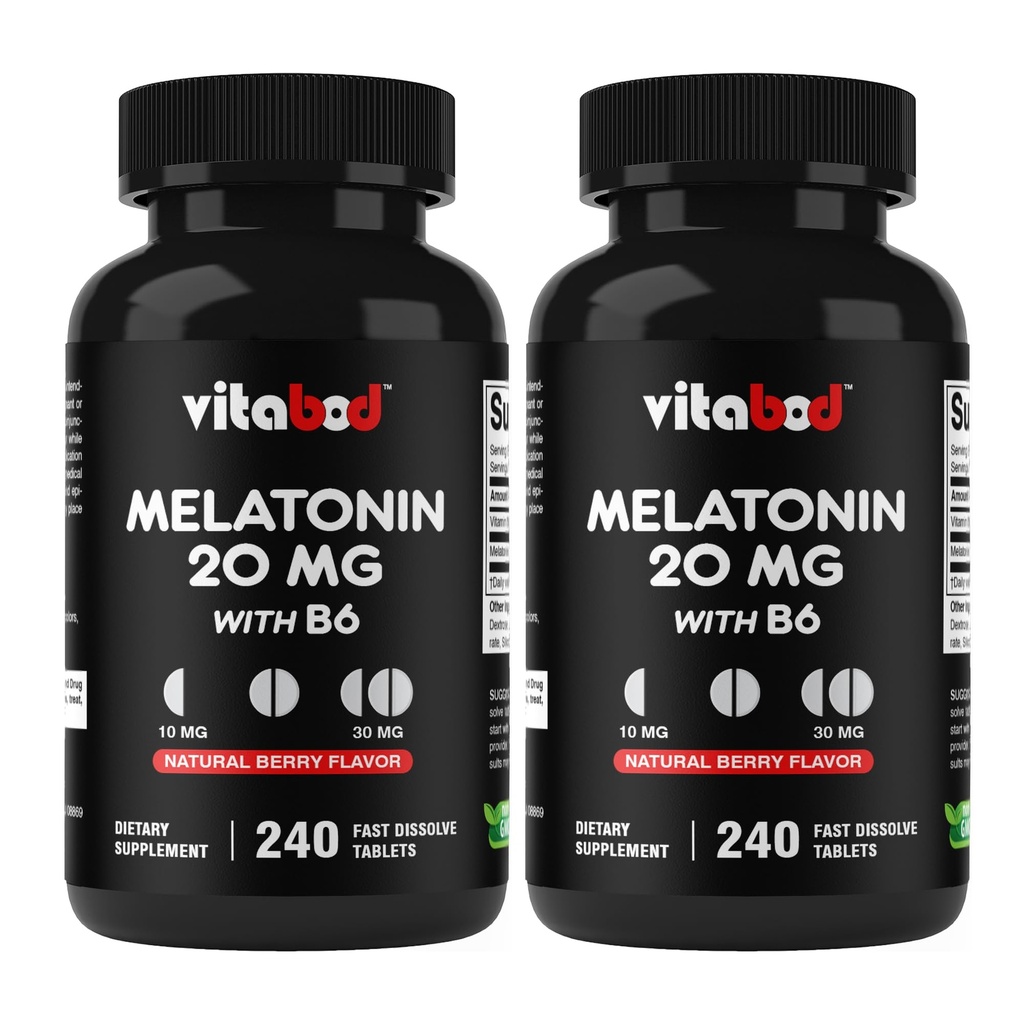 Melatonina 20 mg - 240 szybko rozpuszczonych tabletek - Beznarkotykowy - Naturalny aromat jagodowy - wegetarianin, Non-GMO, Gluten Free 240 Count (Pack of 2)