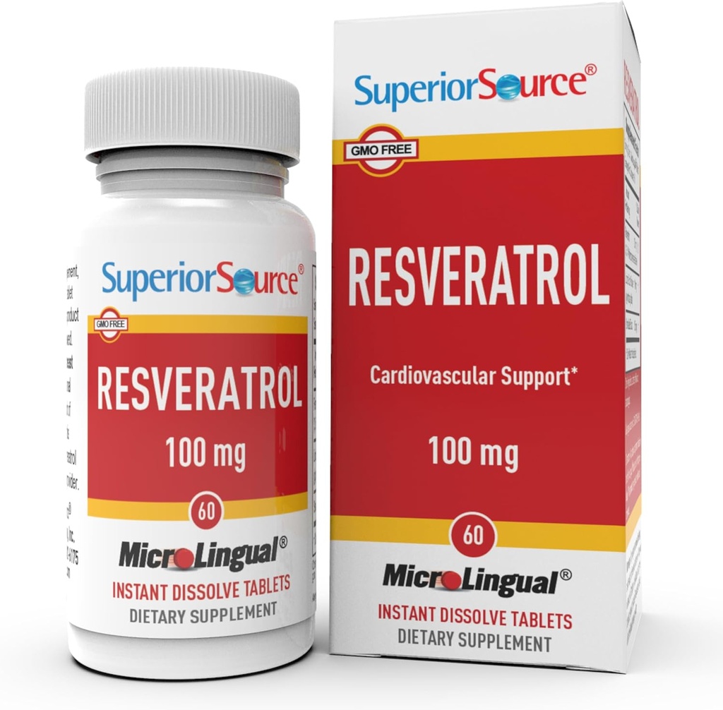 Superior Source Resveratrol 100 mg - Suplement diety dla zdrowego starzenia - Wspiera zdrowie mózgu i serca - Nie-GMO & Gluten- Free - 60 Mikrojęzyczne- Rozpuścić tabletki