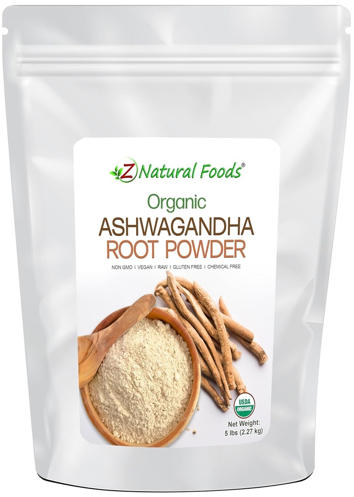 Z Natural Foods Organic Ashwagandha Root Powder - Luzem 5 lb Rozmiar - Potężny Adaptogen & Ayurvedic Superstar - Make Your Own Capsules & Pills - 100% Czysty, Surowy, Chemical Free, Non-GMO