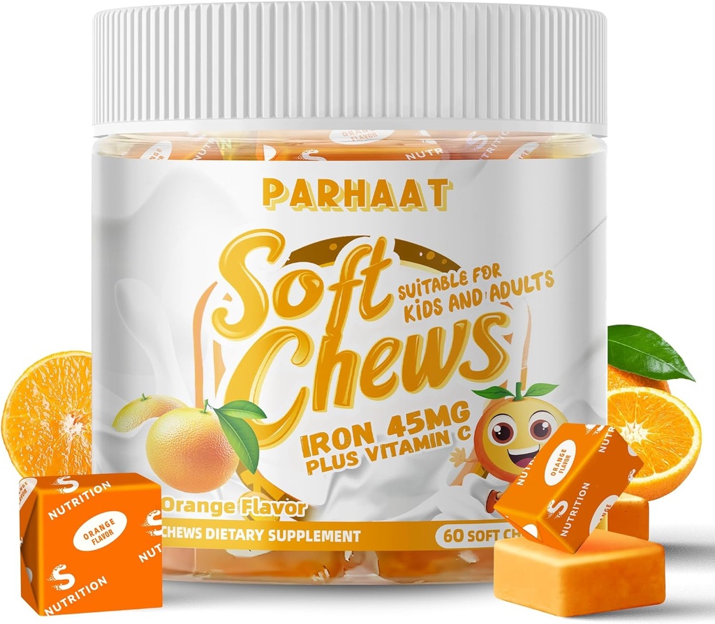 Iron Soft Chew Supplement with Vitamin C | Orange Flavored | Gluten Free | Iron Supplement for Women Men and Kids | 60 Count | 2 Month Supply