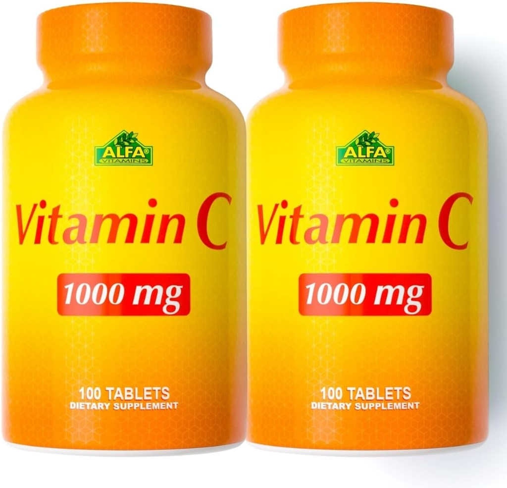 ALFA VITAMINS witamina C Suplement 1000mg, Potężny przeciwutleniacz do immunologicznego wsparcia i zdrowej skóry, Promotes Colagen Formation, Suplement diety do codziennego Wellness, 100 tabletek, 2 Butelka