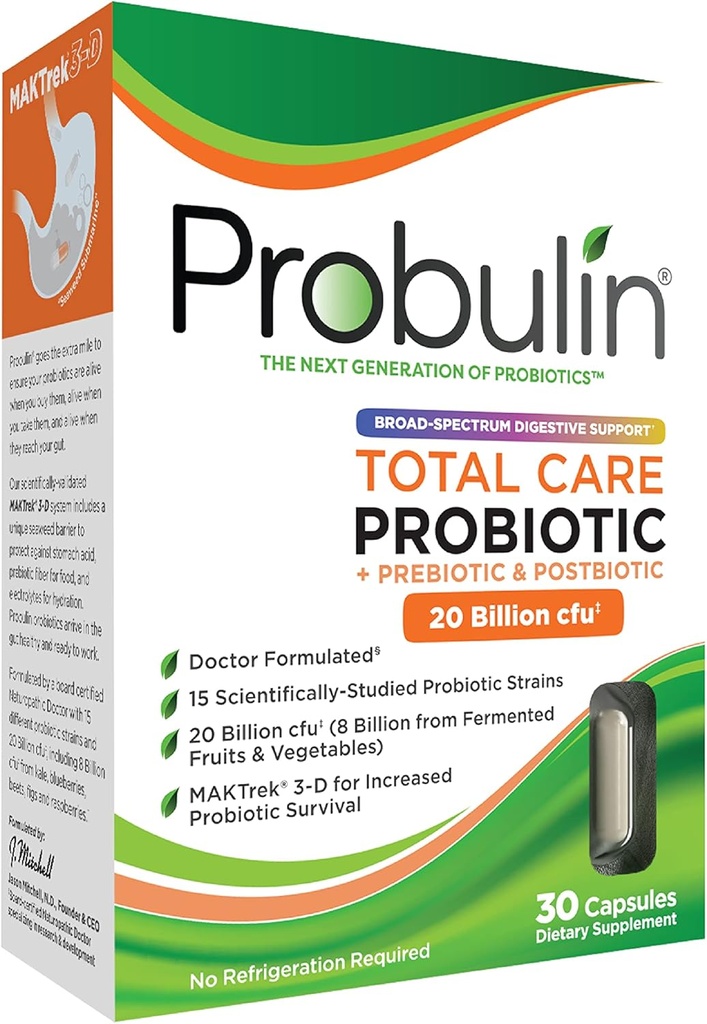Probulin Total Care Probiotic Supplement, Daily Gut, Digestive, and Immune Health Probiotics Capsules for Men and Women, 20 Billion CFU, Vegan, 30 Count Box