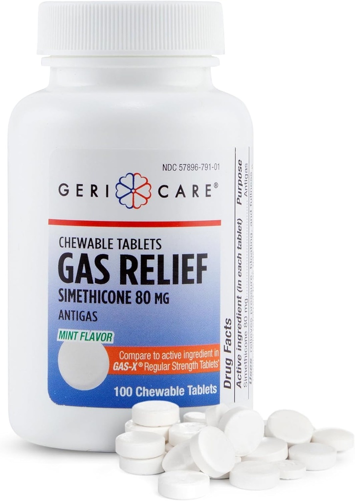 GeriCare Simeticone Gas- Relief Tablets 80mg XI124; Szybka ulga dla gazu, wzdęcia, dyskomfortu XI124; Mint- Flavored XI124; Doustna ulga dla bólu gazowego dla dorosłych 124; Pomoc przeciwpłaska (100 tabletek) 2 opakowania