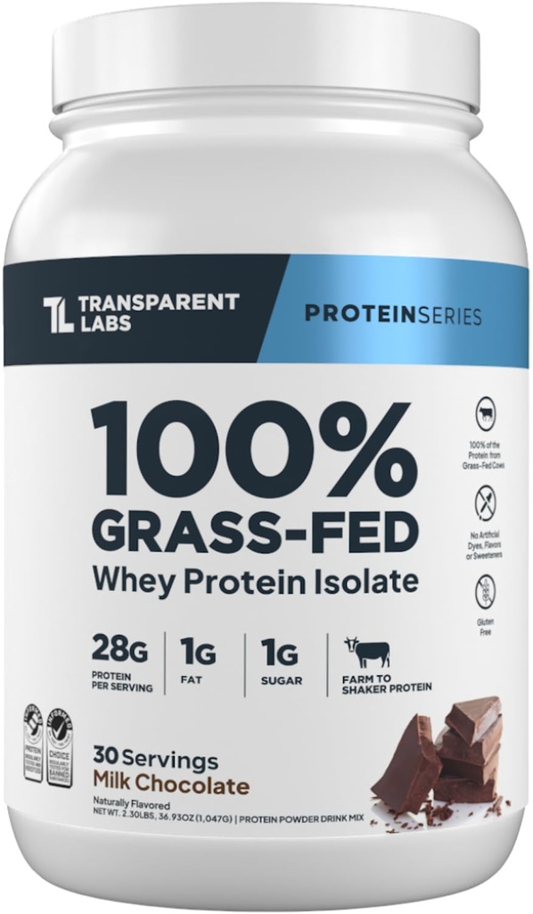 Transparent Labs Grass- Fed Protein Isolate - Natural Flavored, Gluten Free Whey Protein Powder z 28g białka per Serving & 9 Amino Acids - 30 Słupki, Czekolada mleka