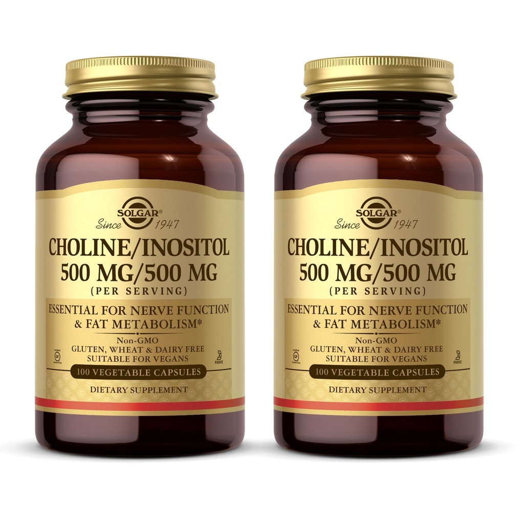 Solgar Choline / Inositol 500 mg / 500 mg, 100 Kapsułki roślinne (Opakowanie 2) - Metabolizm energii, Zdrowie wątroby, Zasadnicze dla funkcji mózgu i nerwów - Non-GMO, Wegan, Kosher - 100 Sługi ogółem