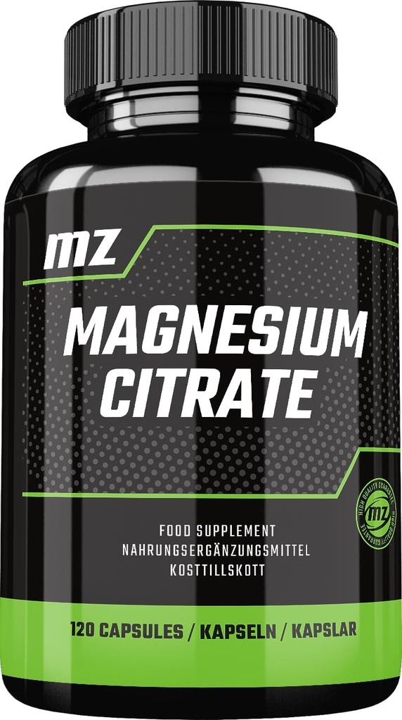 Magnesium Citrate 120mg + Vitamin B6 (P-5-P) 3mg, 120 Vegan Capsules, 4 Months Supply, Organic Form of Magnesium - Support Bone Strength and Nervous System - by MZ