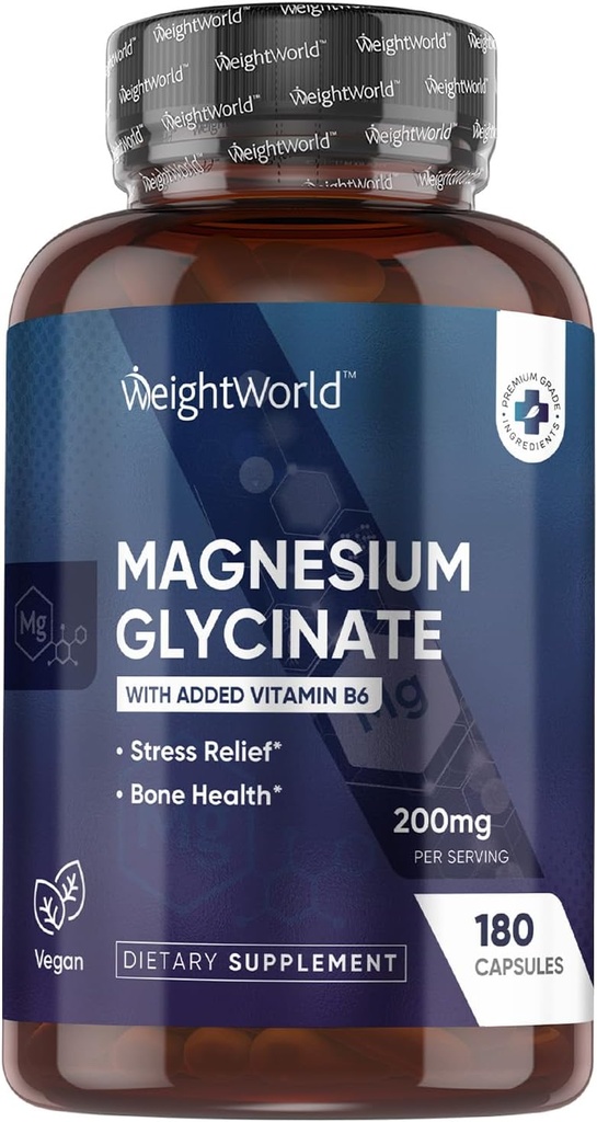 WeightWorld Glycinate Magnezu kapsułki 200mg - 180 Kapsułek (3 miesiące) z witaminą B6 - Biodostępne suplementy Glycinate Magnezu - Trzydniowy Tested Party, Wegan, Non-GMO, & Allergen- Free