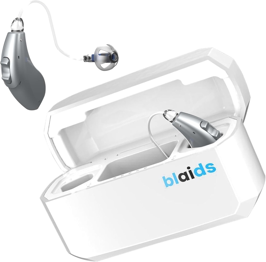BlaidsX Neuro Rechareble RIC + Programowalne aparaty słuchowe dla dorosłych z aplikacją mobilną Test słuchu i anulowanie hałasu, Pomoc słuchu dla seniorów, Dual Mic & 96 DSP Channels. USA- Made Processor