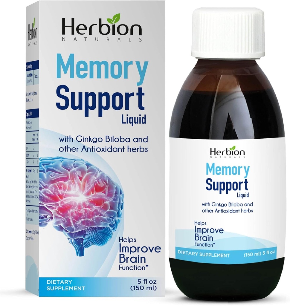 HERBION Naturals Memory Support Liquid - Pomaga poprawić funkcje mózgu i nieobecność, Utrzymuje zdrowe nastroje poziomów z Ginkgo Biloba, Dorośli i dzieci powyżej 12 lat, 5 fl oz, 150 ml