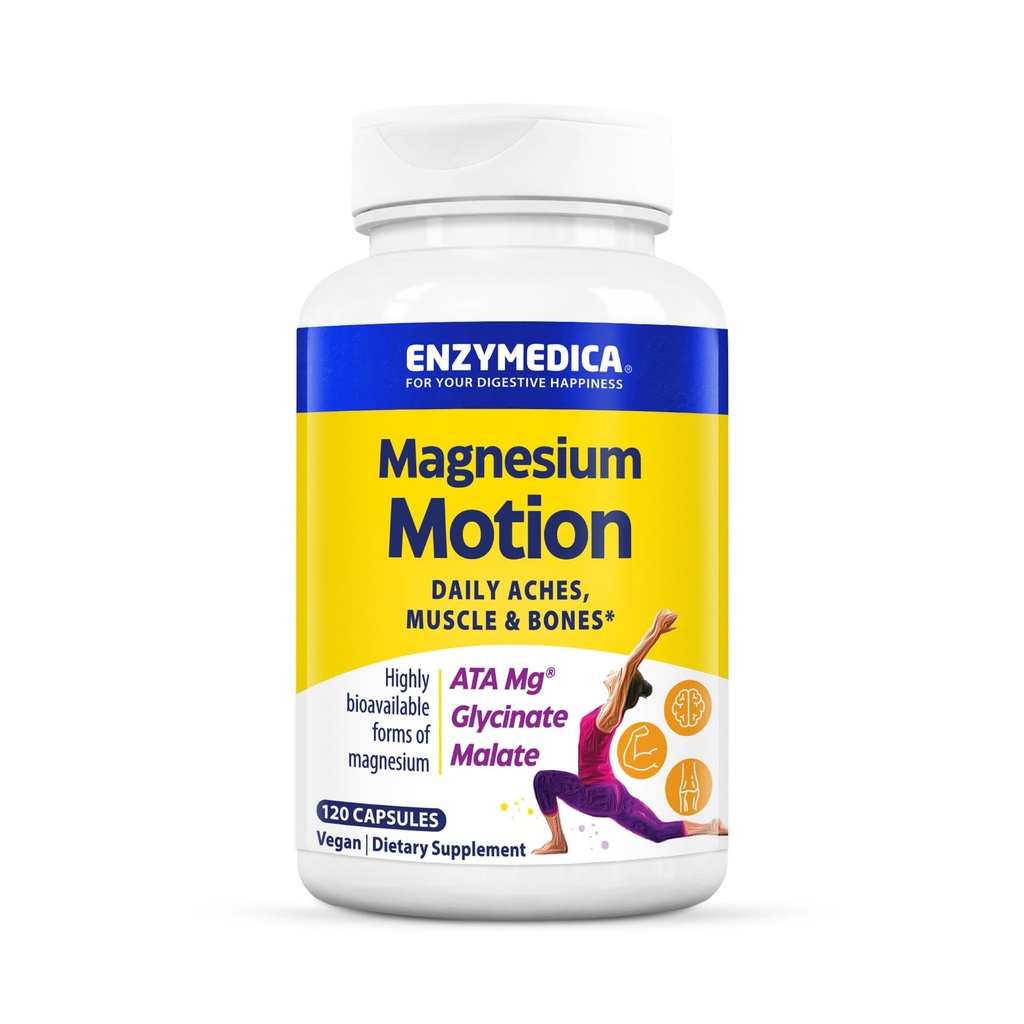 Enzymedica, Magnezu Motion z 3 Formami Magnezu, ATA Mg, Glicynian, Malate, Soothes Okazjonalne Aches, Wspiera kości i mięśnie, 120 Kapsułki