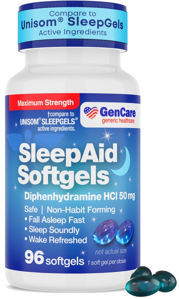 GenCare Maksymalna moc Nighttime Sen Suplement pomocy dla dorosłych głębokich pigułek sennych z HCl difenhydraminy 50mg upaść Asleep Faster - Silne Non-Habit Forming PM Sleeping Relief [96 Softgels]