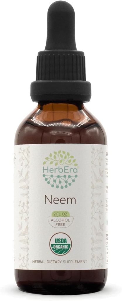 HerbEra Neem B60 Wyciąg ziołowy wolny od alkoholu Tincture, skoncentrowane krople płynne Naturalne USDA Organic (Azadirachta Indica) Suszony Liść (2 fl oz)