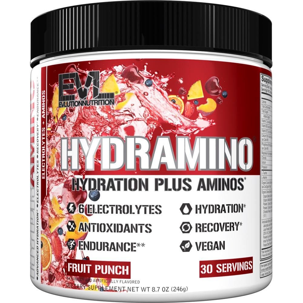 Evlution Nutrition HYDRAMINO Kompletny mnożnik nawodnienia, Wszystkie 6 Elektrolity, Witamina C & B, Fluid Aminos Boosting, Woda kokosowa, Wytrzymałość, Odzysk, Przeciwutleniacze, 30 Serve, Owoce Punch