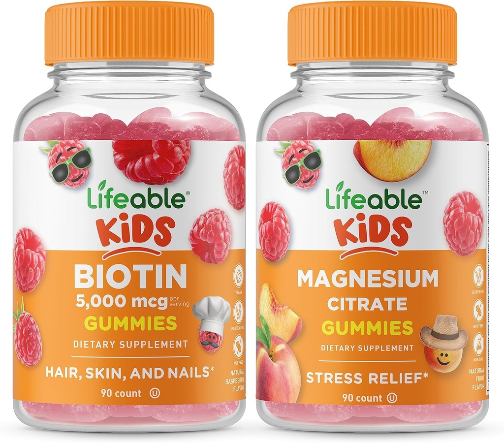Żywe Biotin Kids + Magnezu Citrate Kids, Gummies Bundle - Great Desting, Suplement witaminy, Gluten Free, GMO Free, Gummy do żucia