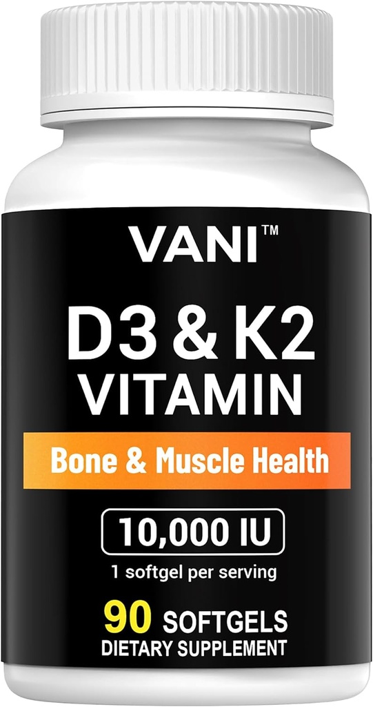 VANI Vitamin D3 (10000iu / 250mcg) + K2 (jako Mk7), for Bone & Muscle & Teeth Health, 90 SOFTGELS