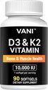 VANI Vitamin D3 (10000iu / 250mcg) + K2 (jako Mk7), for Bone & Muscle & Teeth Health, 90 SOFTGELS