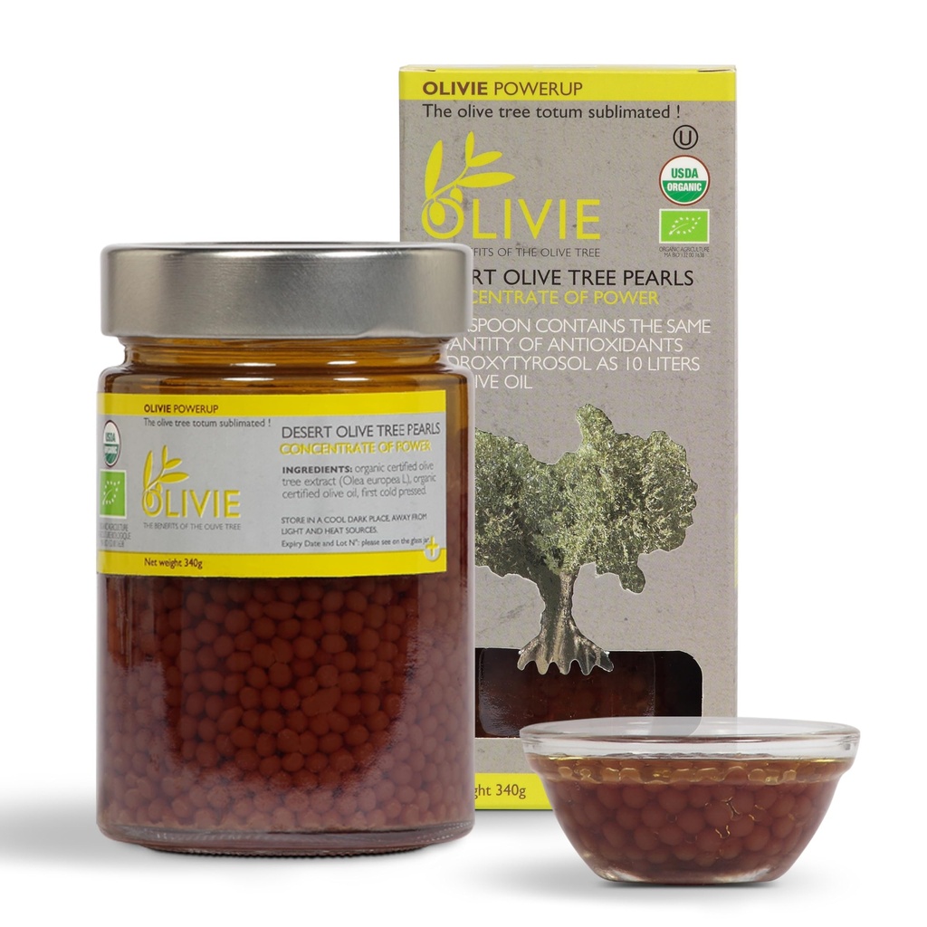 Ekstrakt Organic Olive Leaf Kapsułki, Perły PowerUp przez OLIVIE, Suplement polifenoli przeciwutleniających, Olejek oliwny do skóry, Wsparcie immunologiczne, 340g